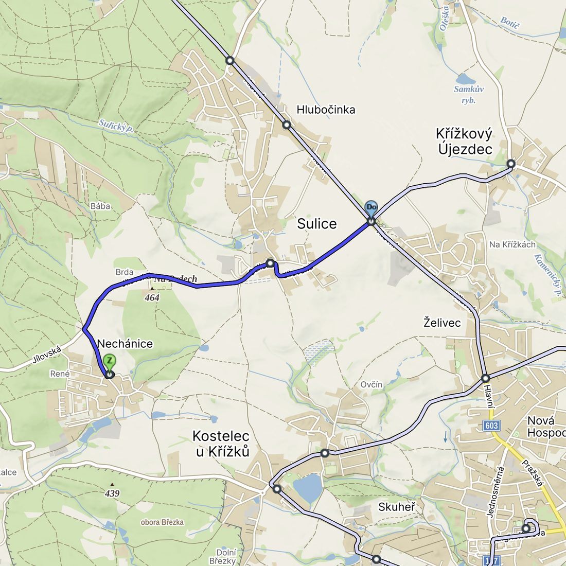 A regional bus route leaving the direct corridor to serve an outlying settlement