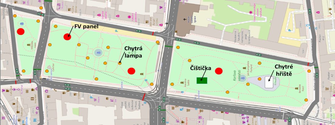 Prvky chytré infrastruktury zakreslené na Karlově náměstí v Praze