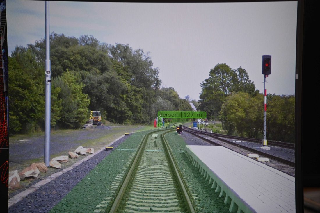 Obstacle detection on a railway track, person detected at 127 metres